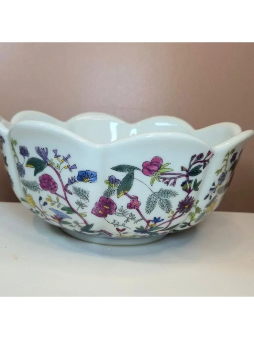 Vintage New England Pottery Floral Planter Bowl Scalloped colorful Wildflowers